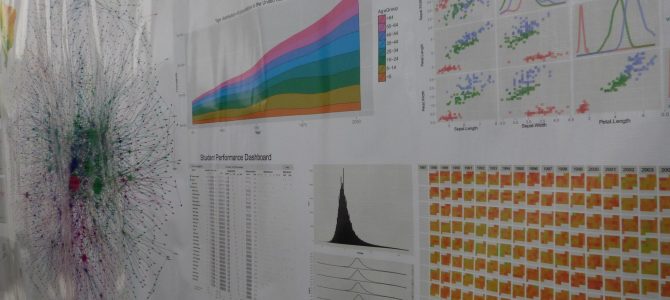 Cartaz com gráficos e elementos visuais da Estatística